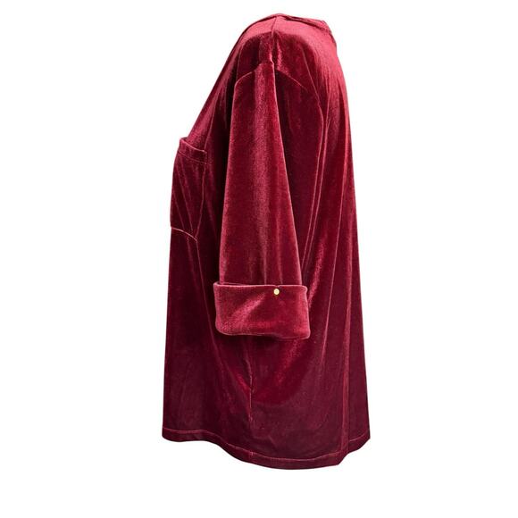 RALPH LAUREN L Women Burgundy Stretch Velvet Velour Pullover S/S Pocket Top - Picture 2 of 12